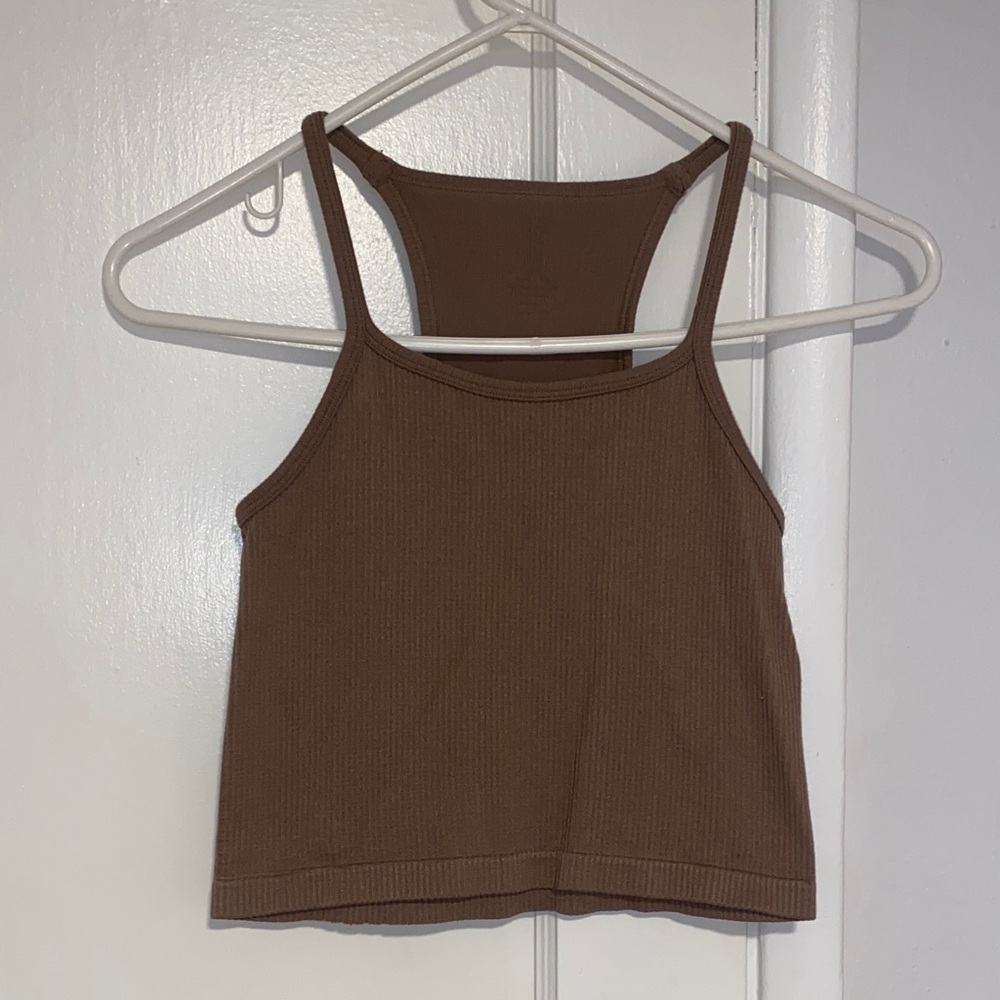 Minimalistic Brown Ribbed Tank Top with Racerback. Summer. Spring. Vacation.